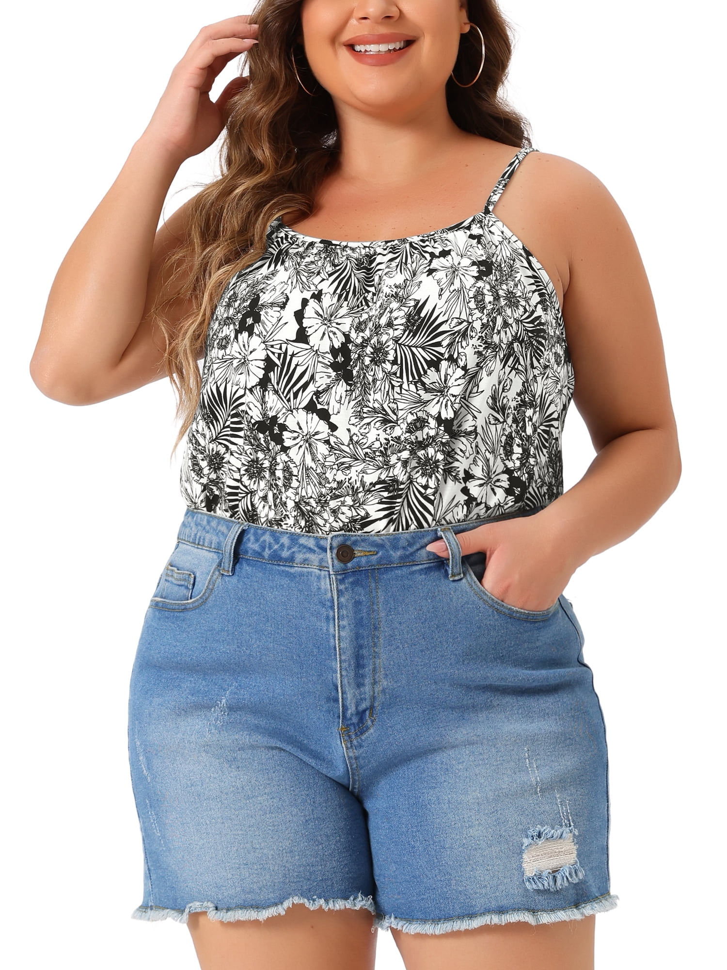 DARING DIVA Women's Plus Boho Floral Loose Spaghetti Strap Cami Top 4X Black