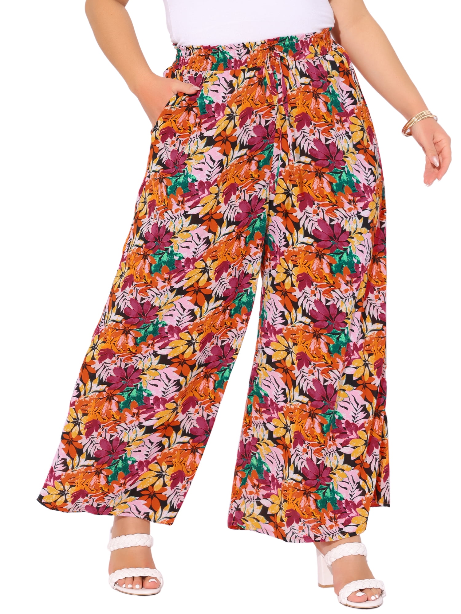 DARING DIVA Women's Plus Boho Floral Palazzo Trousers Pants 1X Black Red