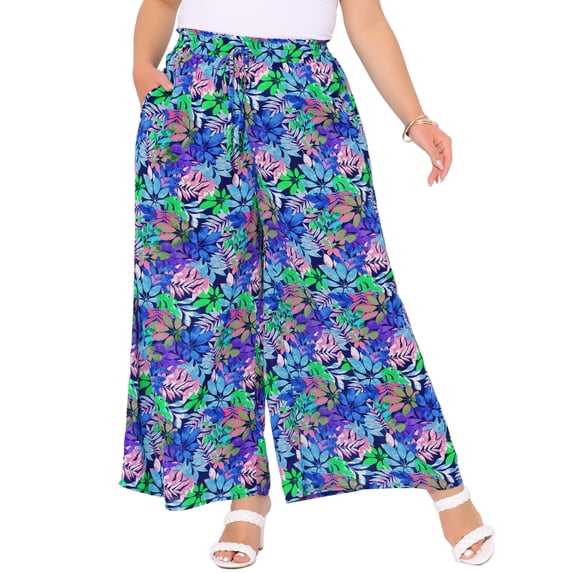 DARING DIVA Women's Plus Boho Floral Palazzo Trousers Pants 1X Dark Blue Purple