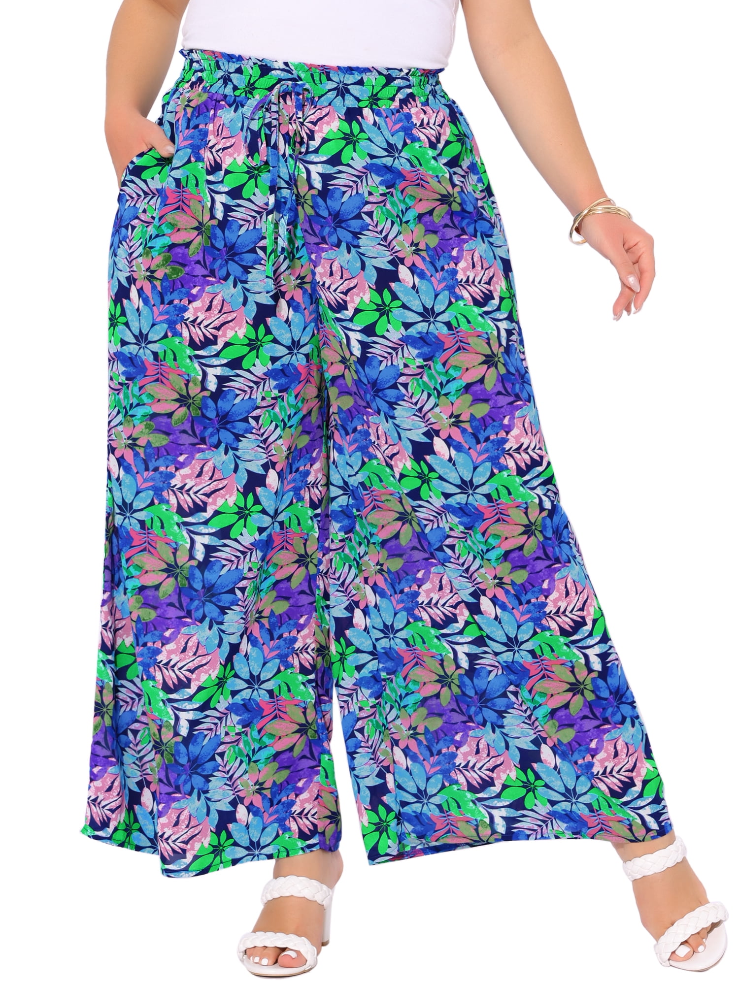 DARING DIVA Women's Plus Boho Floral Palazzo Trousers Pants 2X Dark Blue Purple