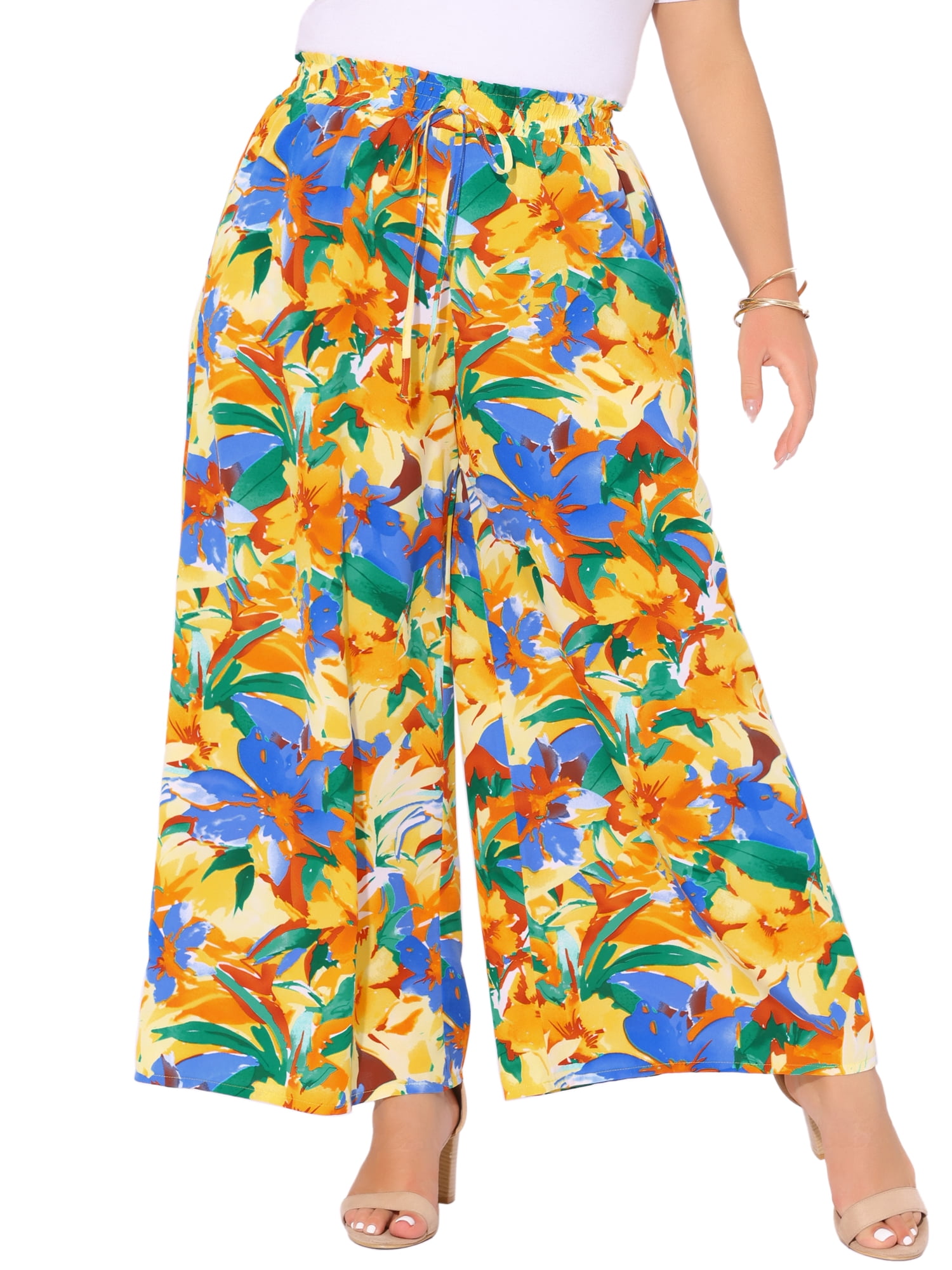 DARING DIVA Women's Plus Boho Floral Palazzo Trousers Pants 2X Yellow Orange