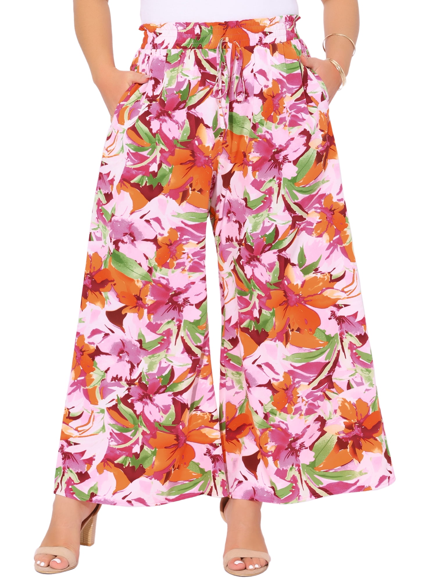 DARING DIVA Women's Plus Boho Floral Palazzo Trousers Pants 4X Pink Orange
