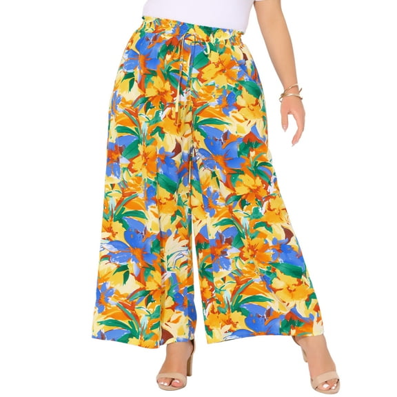 DARING DIVA Women's Plus Boho Floral Palazzo Trousers Pants 4X Yellow Orange