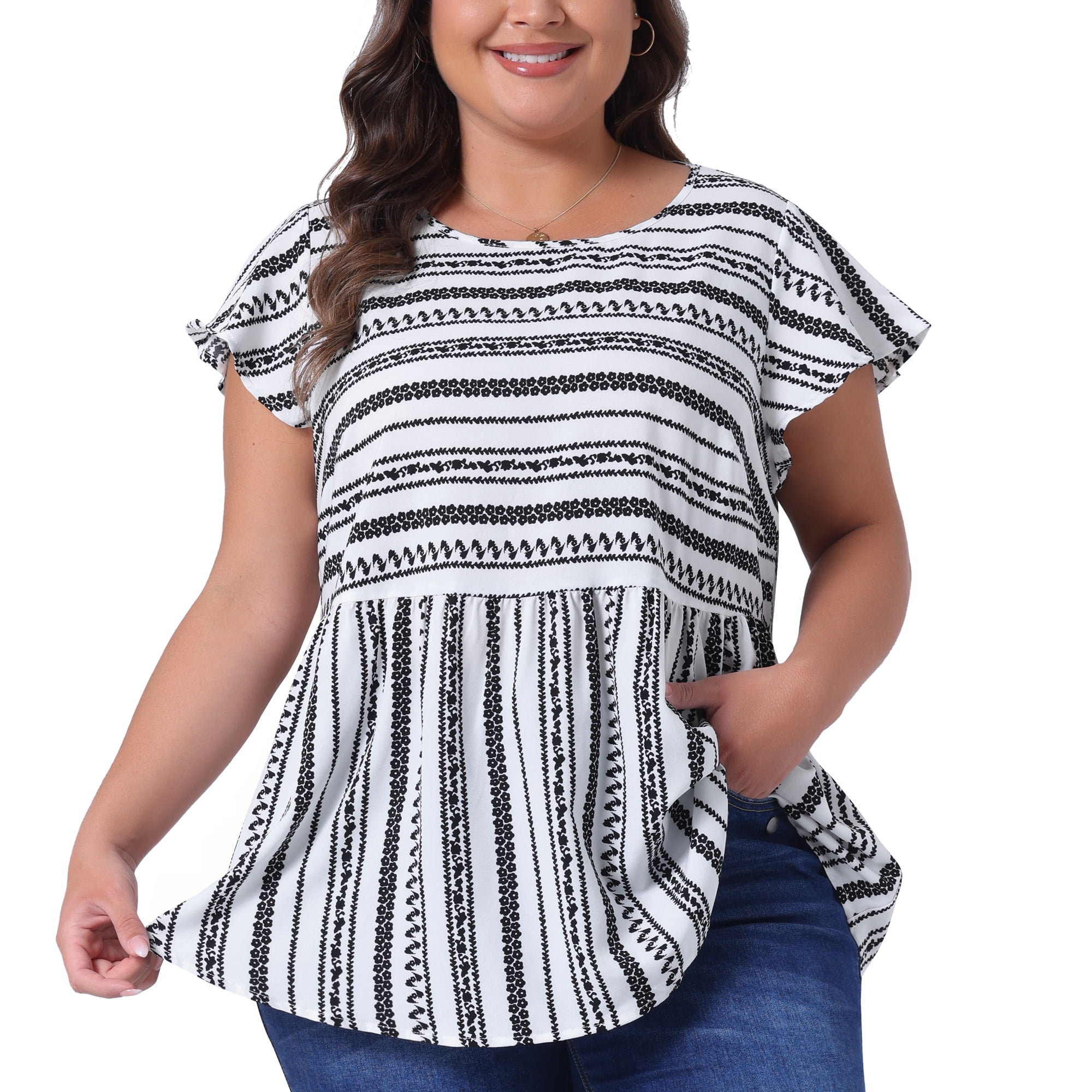 Women's Plus Top Boho Floral Printed Round Neck Ruffle Sleeve Blouses Shirts 1X White