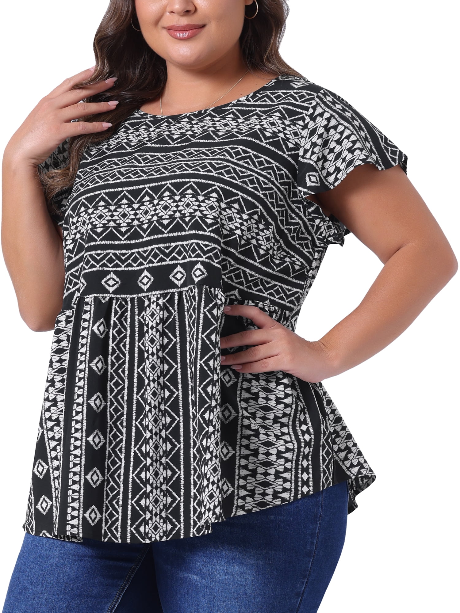 Women's Plus Top Boho Floral Printed Round Neck Ruffle Sleeve Blouses Shirts 2X Black