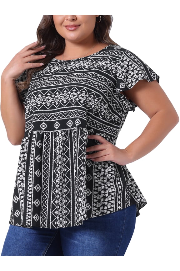 Women's Plus Boho Floral Print Round Neck Ruffle Sleeve Blouse 3X Black