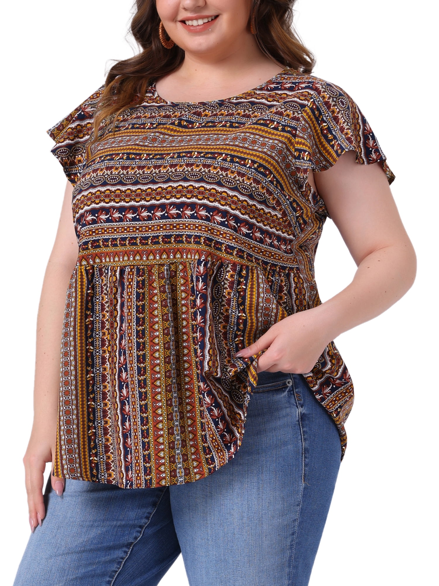 Women's Plus Top Boho Floral Printed Round Neck Ruffle Sleeve Blouses Shirts 4X Orange