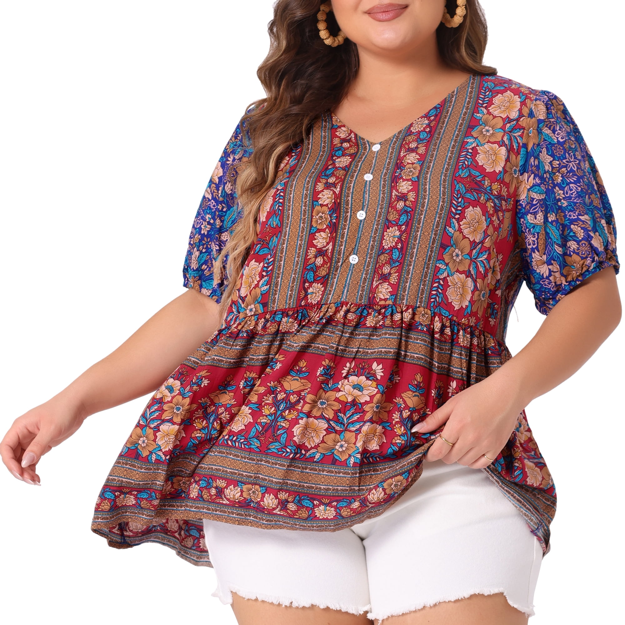 Women's Plus Boho Floral Print V Neck Short Sleeve Summer Blouses 1X Blue