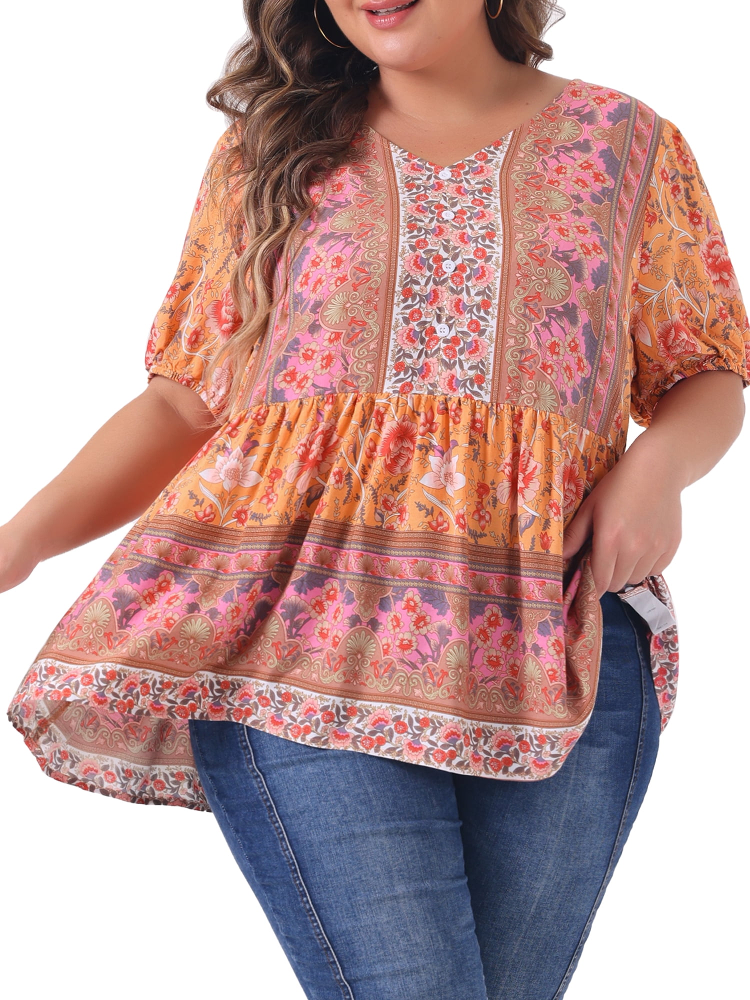 Women's Plus Boho Floral Print V Neck Short Sleeve Summer Blouses 2X Orange