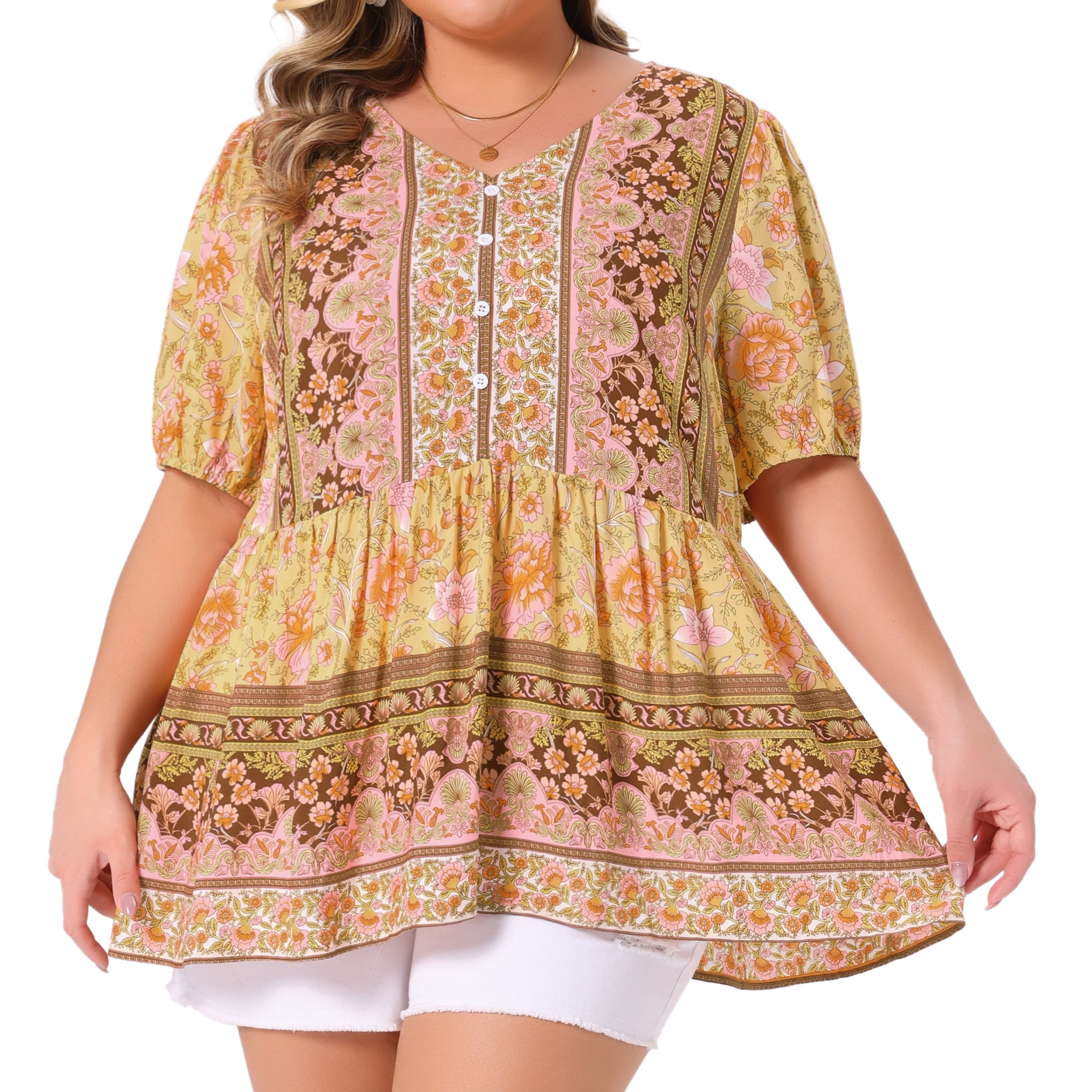 Women's Plus Boho Floral Print V Neck Short Sleeve Summer Blouses 3X Yellow