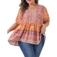 thumbnail image 1 of DARING DIVA Women's Plus Boho Floral Print V Neck Blouse 4X Orange, 1 of 6