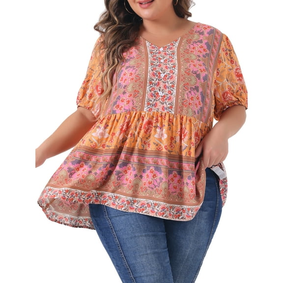 DARING DIVA Women's Plus Boho Floral Print V Neck Short Sleeve Blouse 4X Orange