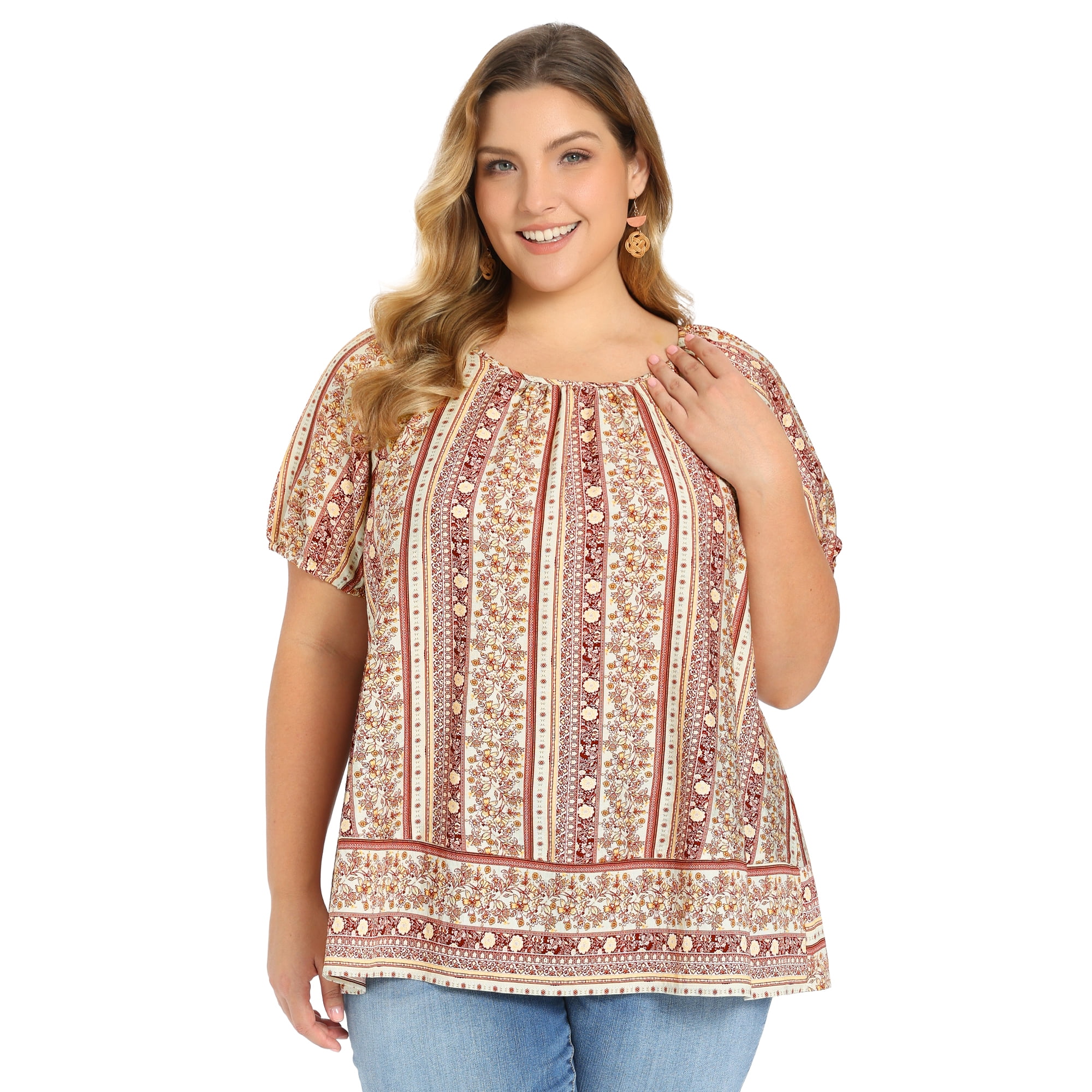 DARING DIVA Women's Plus Boho Floral Round Neck Puff Sleeve Blouse 1X Dark Red