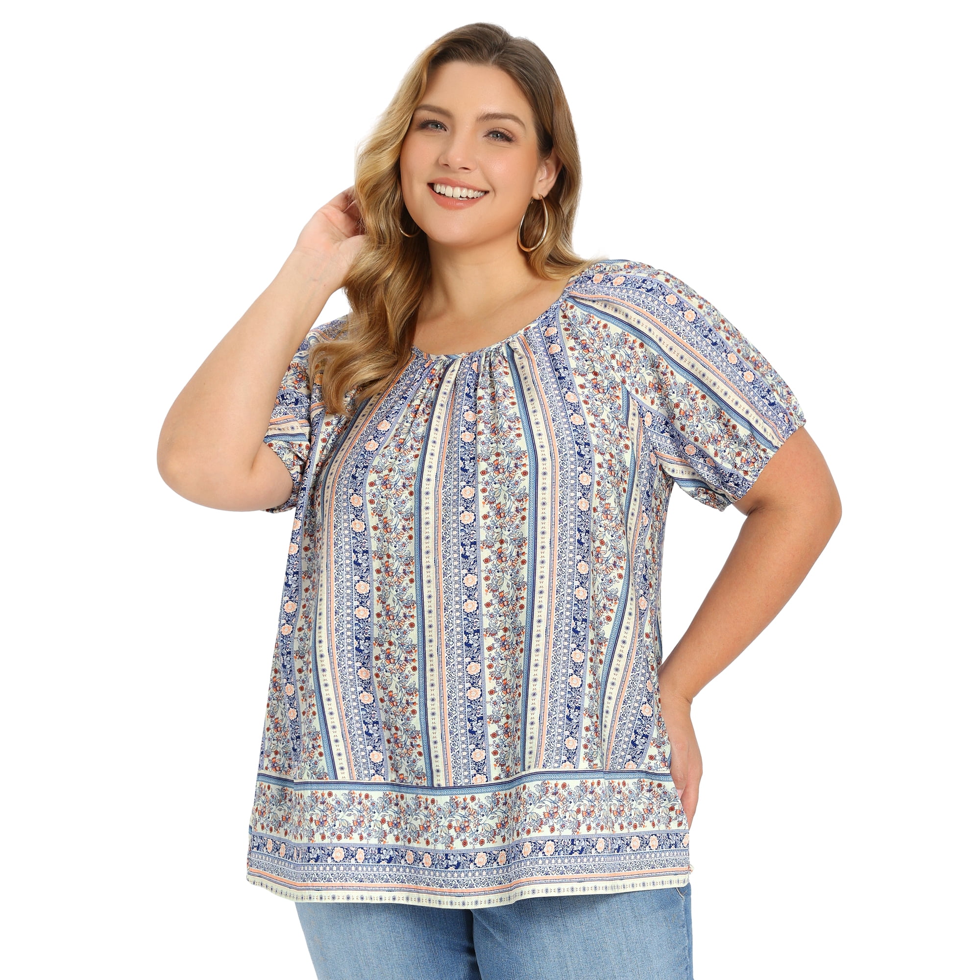 DARING DIVA Women's Plus Boho Floral Round Neck Puff Sleeve Blouse 1X Royal Blue
