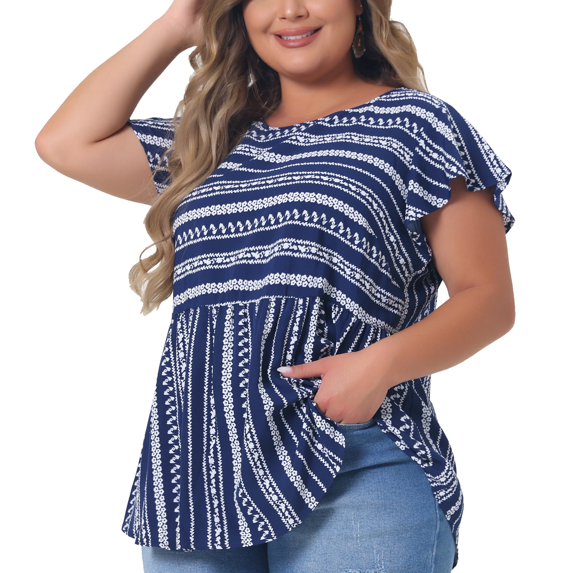 Women's Plus Top Boho Floral Printed Round Neck Ruffle Sleeve Blouses Shirts 1X Dark Blue