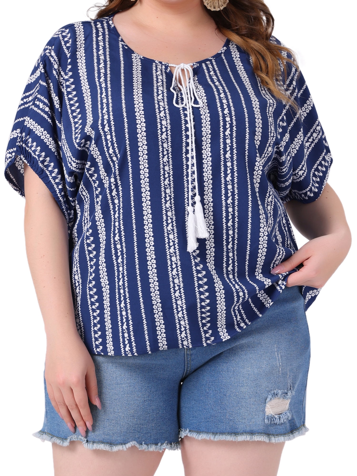 DARING DIVA Women's Plus Boho Tops Floral Tied V Neck Blouse Shirts 4X Navy Blue