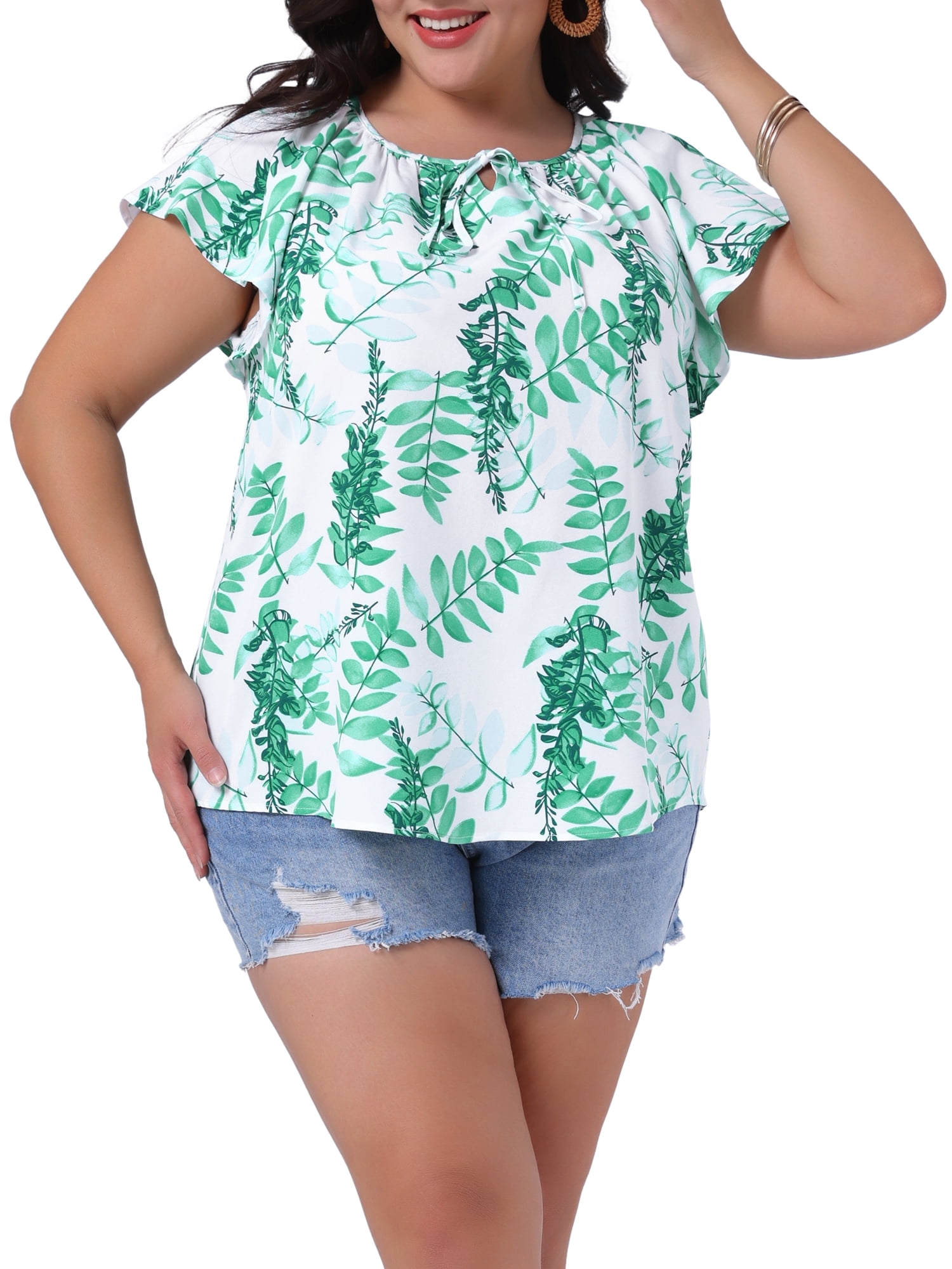 DARING DIVA Women's Plus Boho Floral V Neck Flutter Short Sleeve Blouse 3X White Green