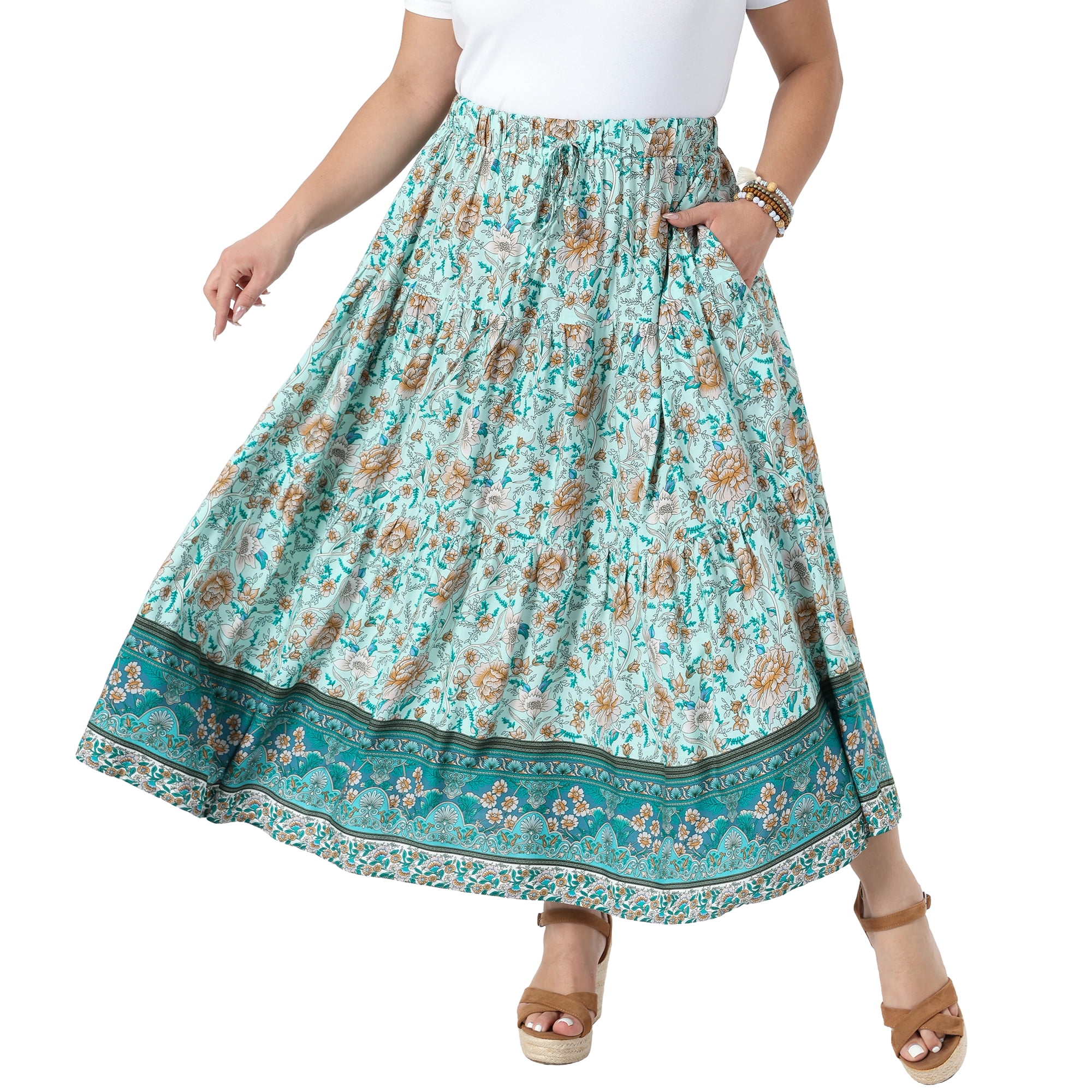 DARING DIVA Women's Plus Boho Maxi Skirt A-Line Tiered Long Skirts 2X Light Green