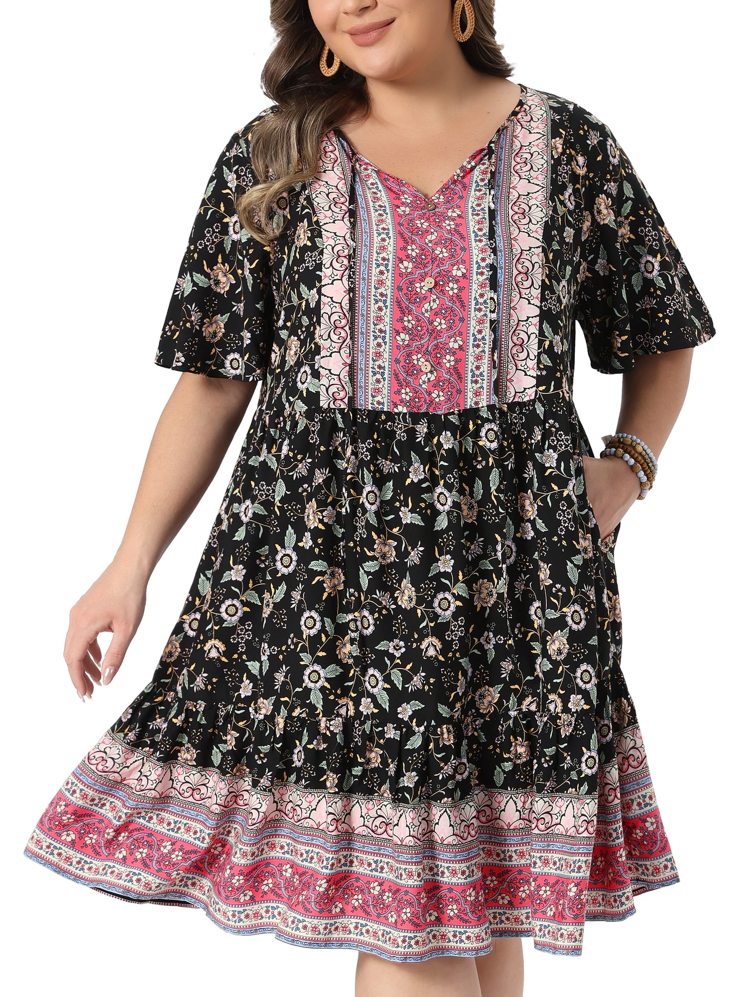 DARING DIVA Women's Plus Boho Midi Tie Crew Neck Short Dress 2X Black