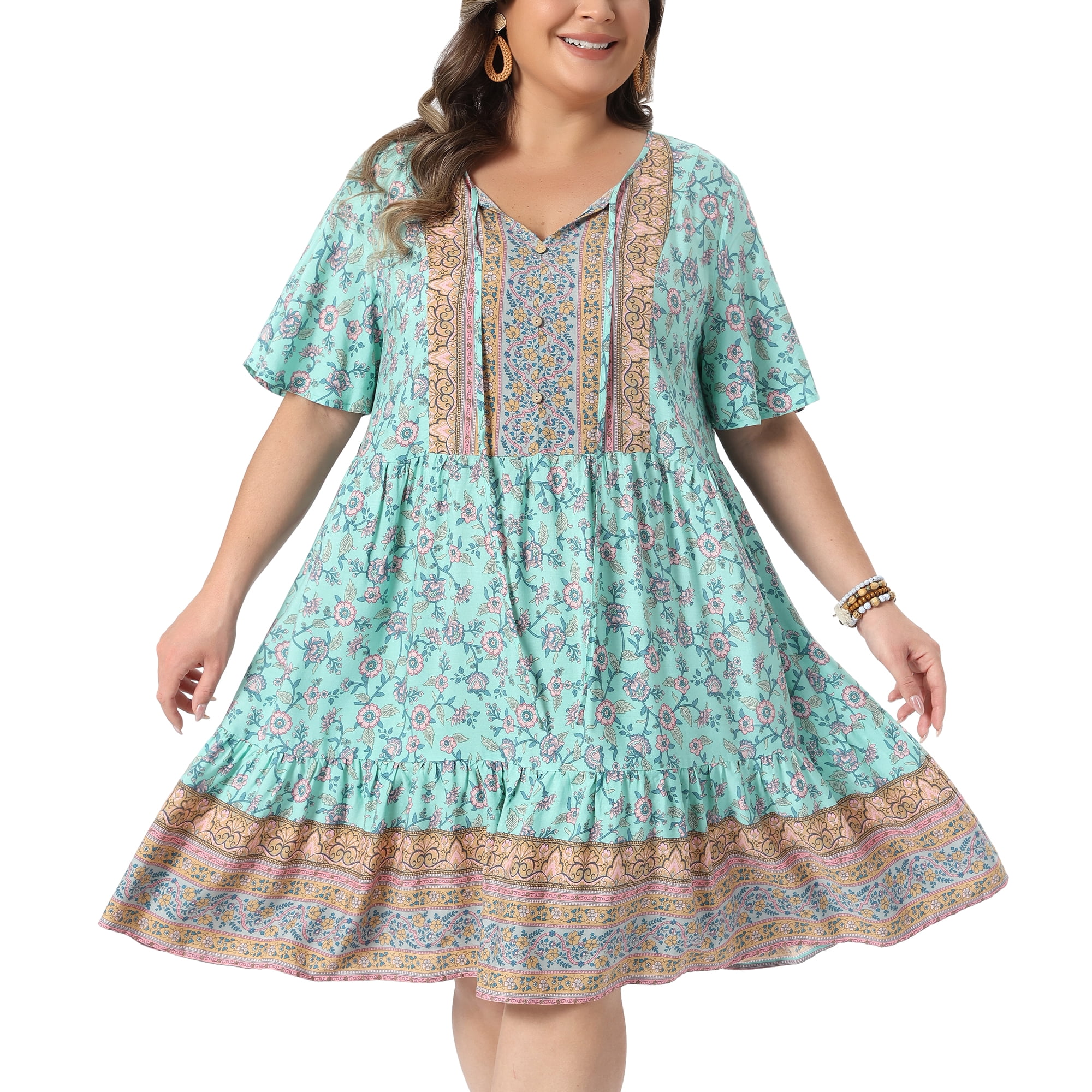 DARING DIVA Women's Plus Boho Midi Tie Crew Neck Short Dress 3X Green