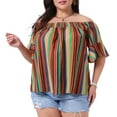 thumbnail image 1 of DARING DIVA Women's Plus Boho Off Shoulder Short Sleeve Striped Blouse 1X Orange, 1 of 6