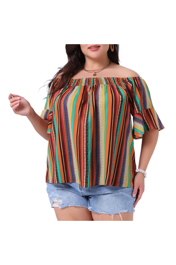Women's Plus Boho Off Shoulder Short Sleeve Striped Blouse 3X Orange