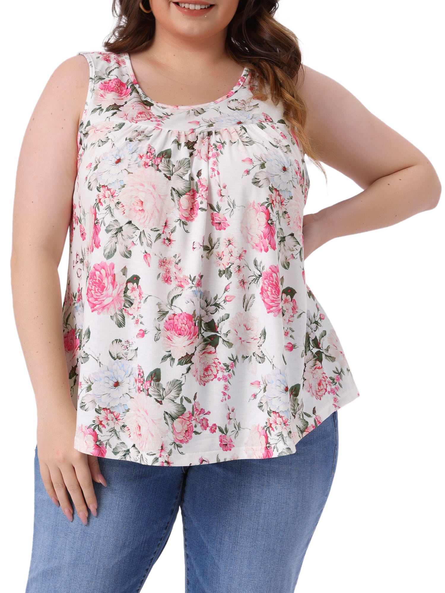 DARING DIVA Women's Plus Crew Neck Boho Pleated Curved Hem Tank Top Blouse 1X White