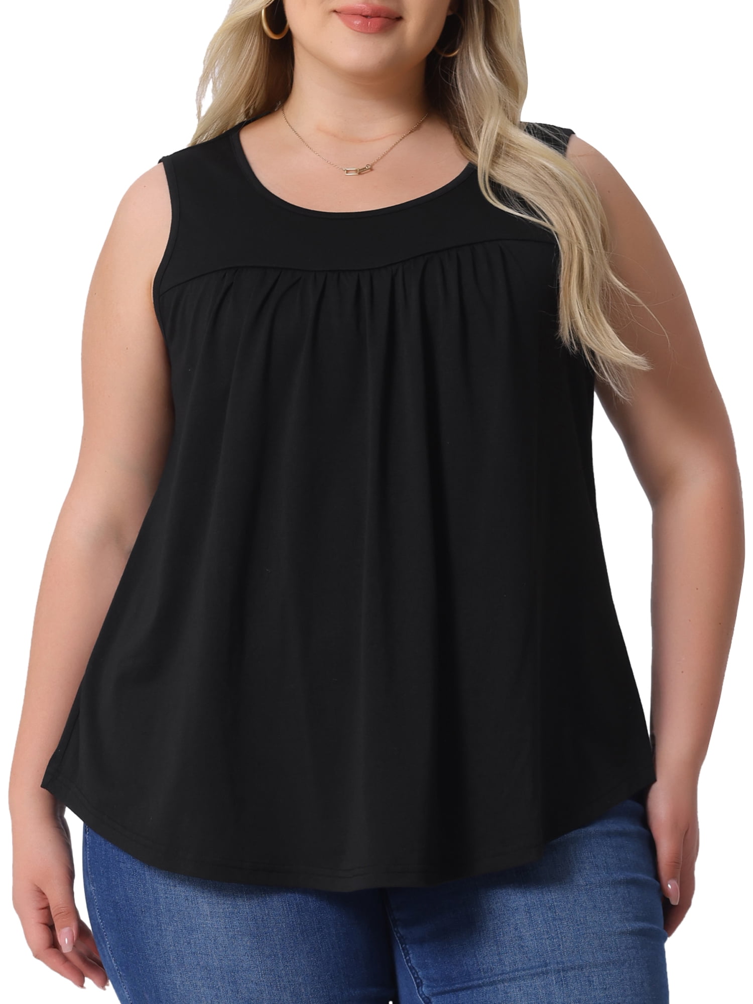 DARING DIVA Women's Plus Crew Neck Boho Pleated Curved Hem Tank Top Blouse 2X Black