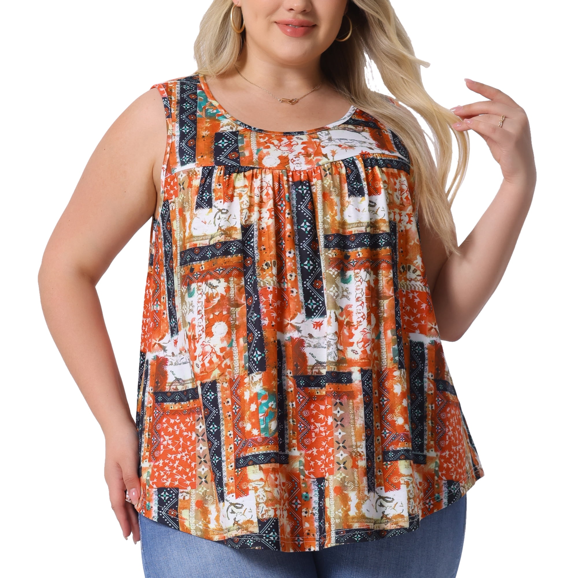 DARING DIVA Women's Plus Crew Neck Boho Pleated Curved Hem Tank Top Blouse 2X Orange