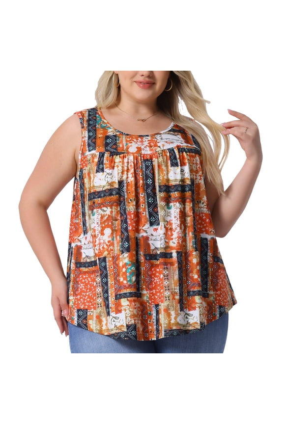 Women's Plus Boho Pleated Curved Hem Tank Top Blouse 2X Orange