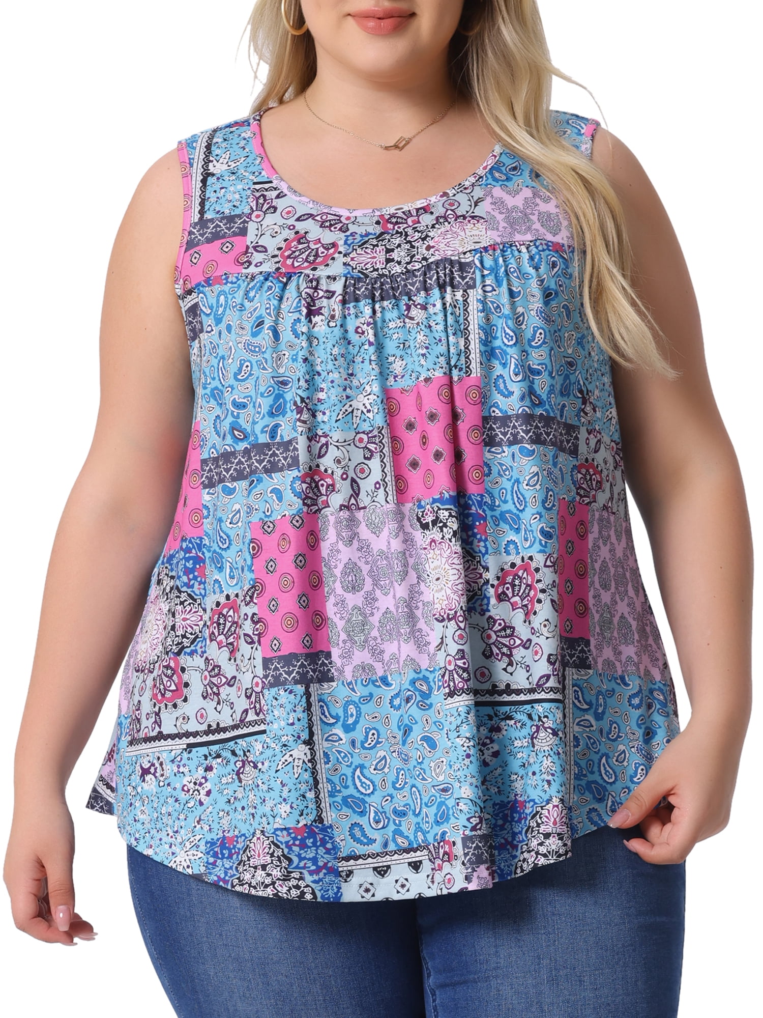 DARING DIVA Women's Plus Crew Neck Boho Pleated Curved Hem Tank Top Blouse 3X Blue