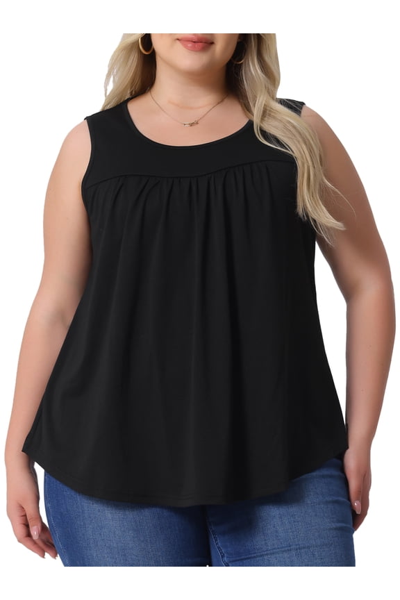Women's Plus Boho Pleated Curved Hem Tank Top Blouse 4X Black