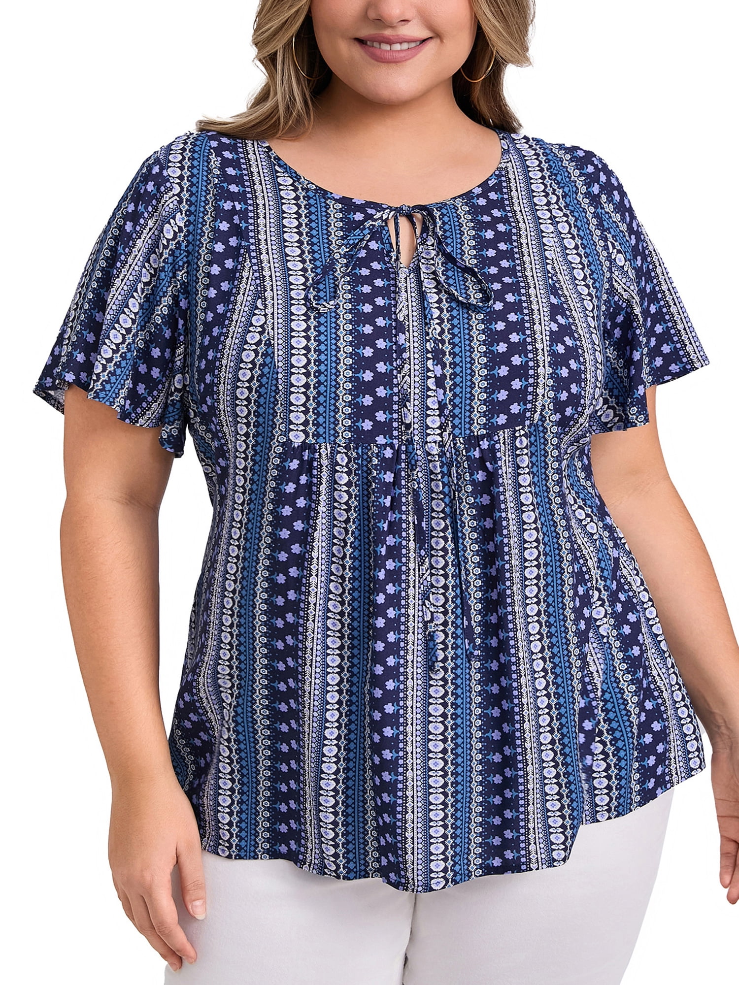 DARING DIVA Women's Plus Boho Print Tie Ruffle Short Sleeve Babydoll Top 1X Navy Blue