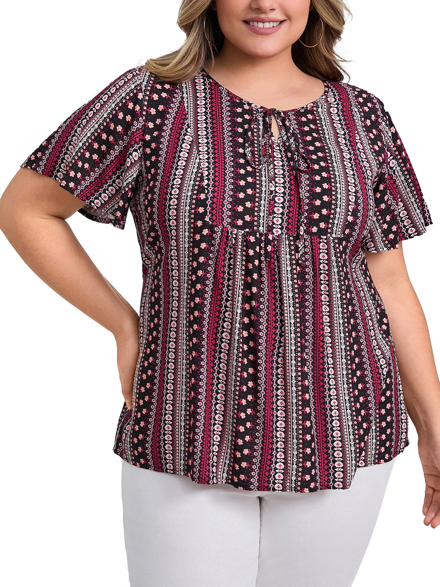 DARING DIVA Women's Plus Boho Print Tie Ruffle Short Sleeve Babydoll Top 2X Plum Purple