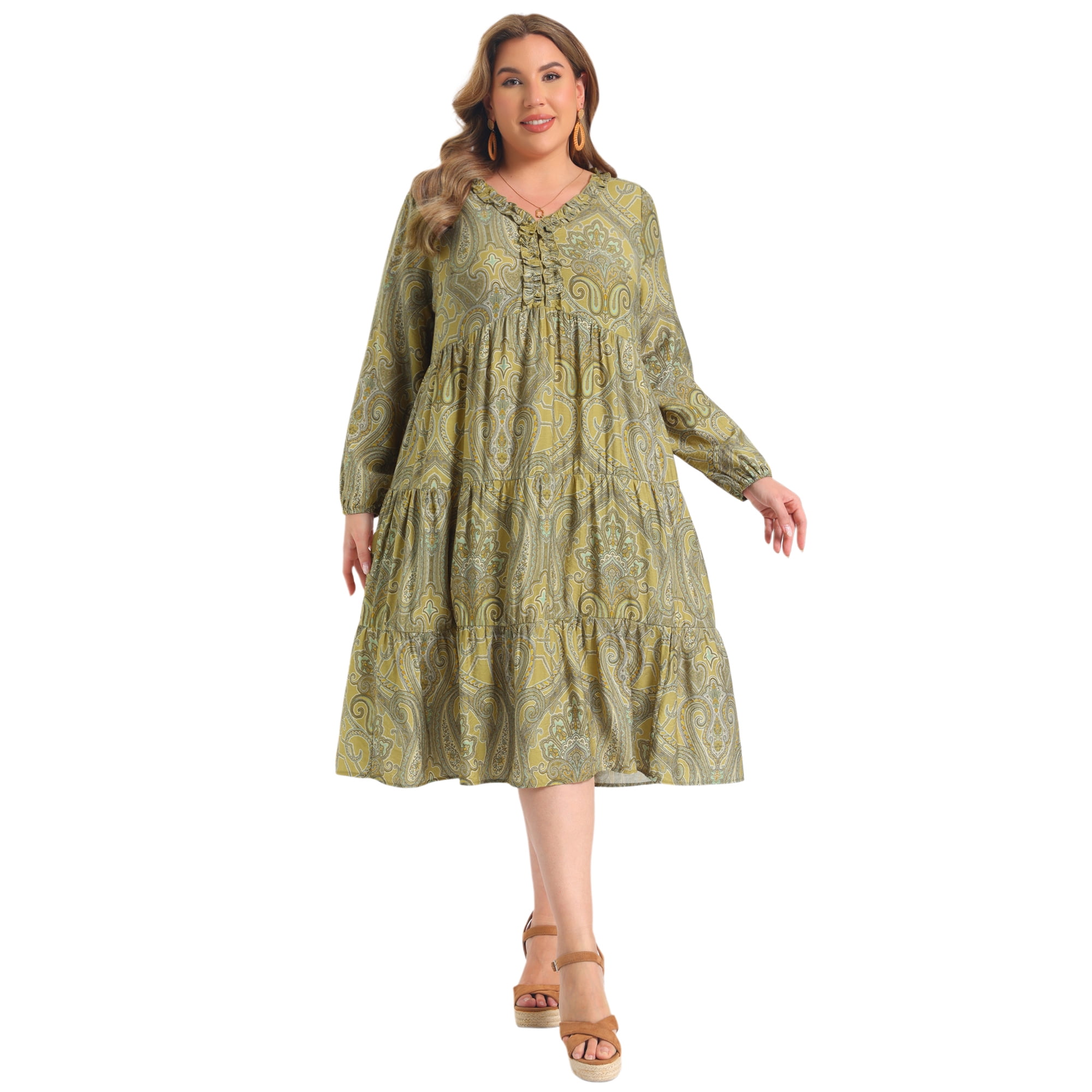 DARING DIVA Women's Plus Boho Ruffle V Neck Tiered A Line Dress 3X Olive Green