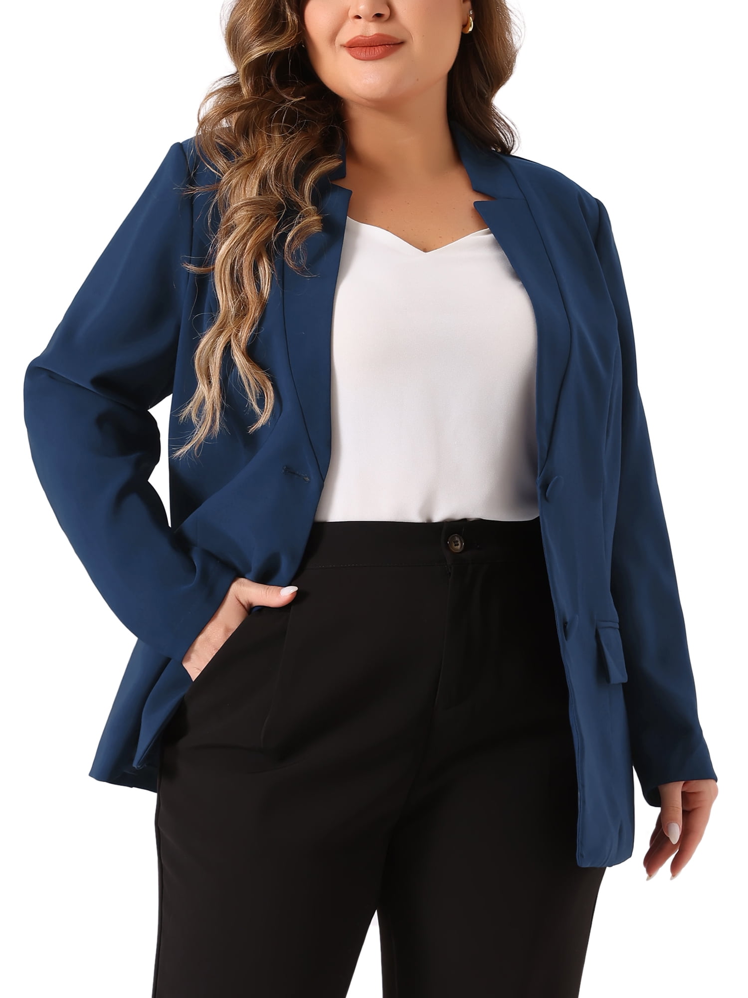 DARING DIVA Women's Plus Business Suit Blazer Button Work Blazer Jacket 1X Navy Blue