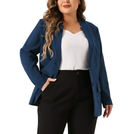 DARING DIVA Women's Plus Business Suit Blazer Button Work Blazer Jacket 1X Navy Blue