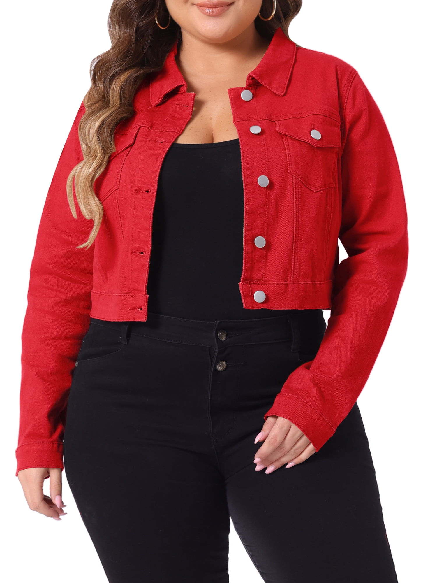 DARING DIVA Women's Plus Button Closed Cropped Denim Jacket 2X Red