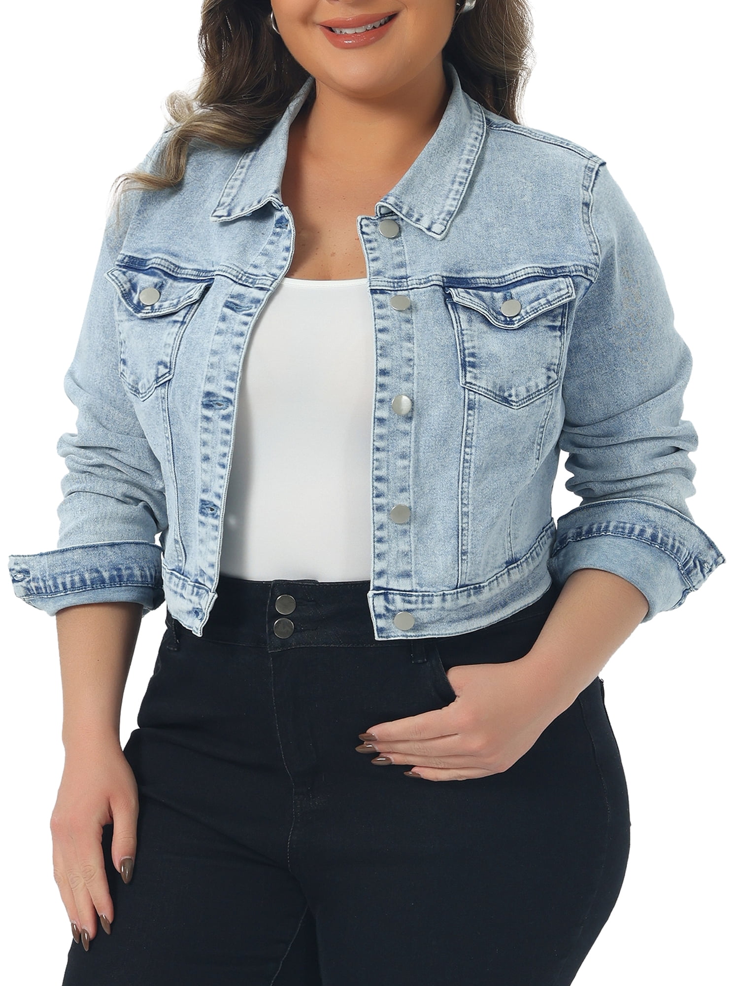 DARING DIVA Women's Plus Button Closed Cropped Denim Jacket 3X Light Blue Snow Wash