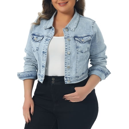 DARING DIVA Women's Plus Button Closed Cropped Denim Jacket 3X Light Blue Snow Wash