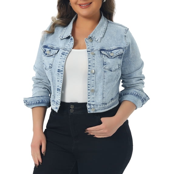 DARING DIVA Women's Plus Button Closed Cropped Denim Jacket 4X Light Blue Snow Wash