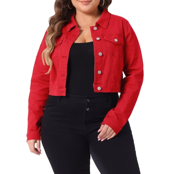 DARING DIVA Women's Plus Button Closed Cropped Denim Jacket 4X Red