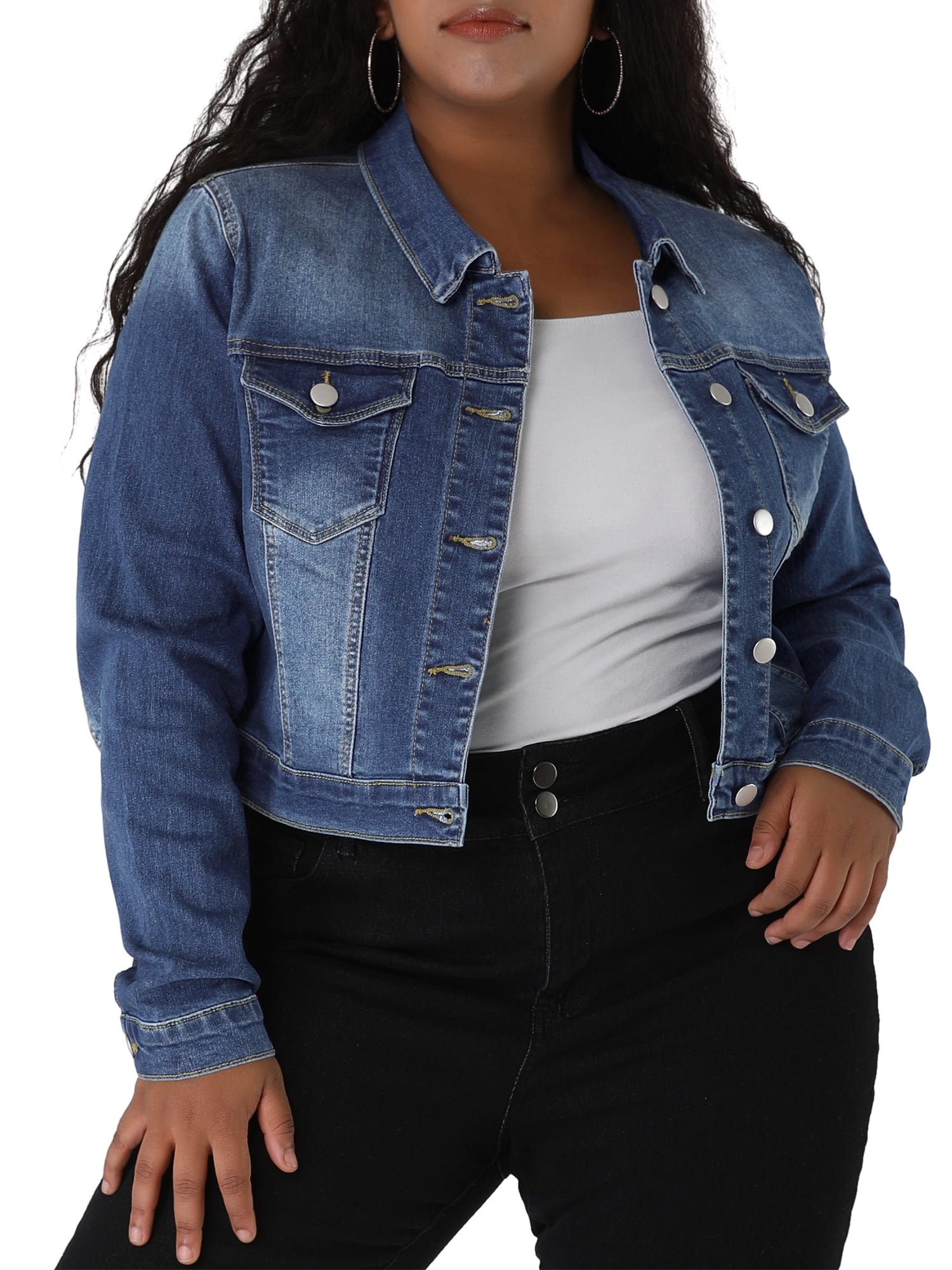 DARING DIVA Women's Plus Button Closed Cropped Denim Jacket 6X Blue