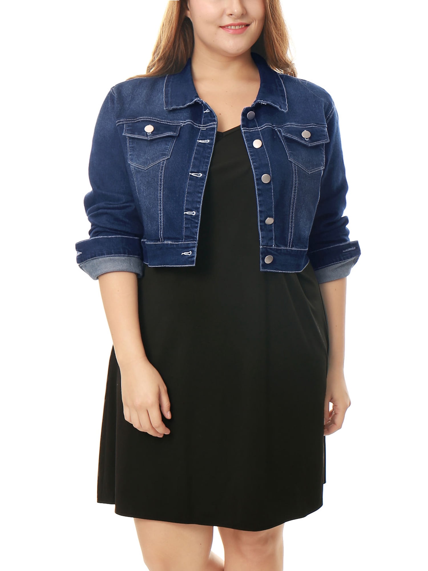 DARING DIVA Women's Plus Button Closed Cropped Denim Jacket 6X Dark Blue