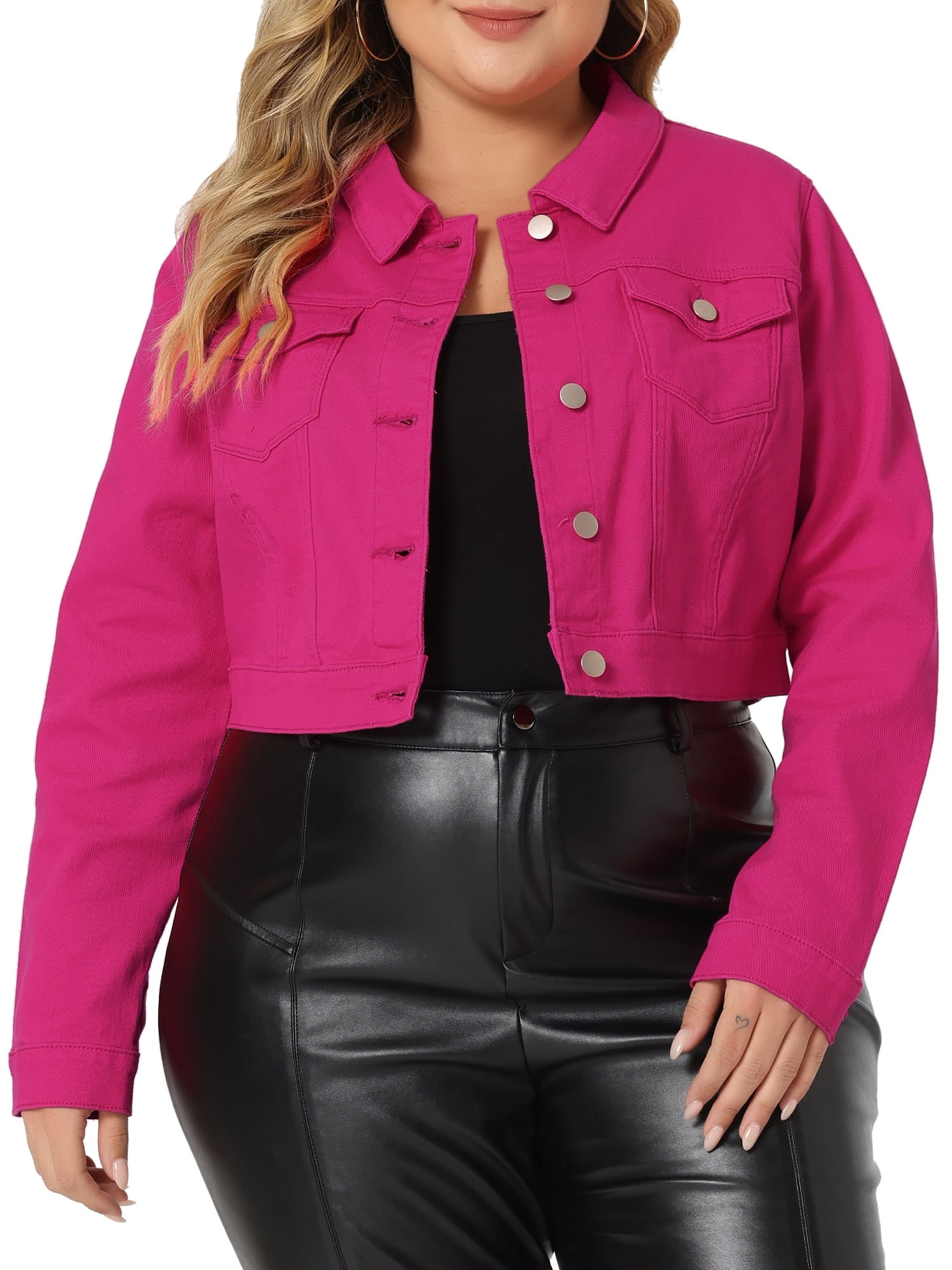 DARING DIVA Women's Plus Button Closed Cropped Denim Jacket 6X Hot Pink