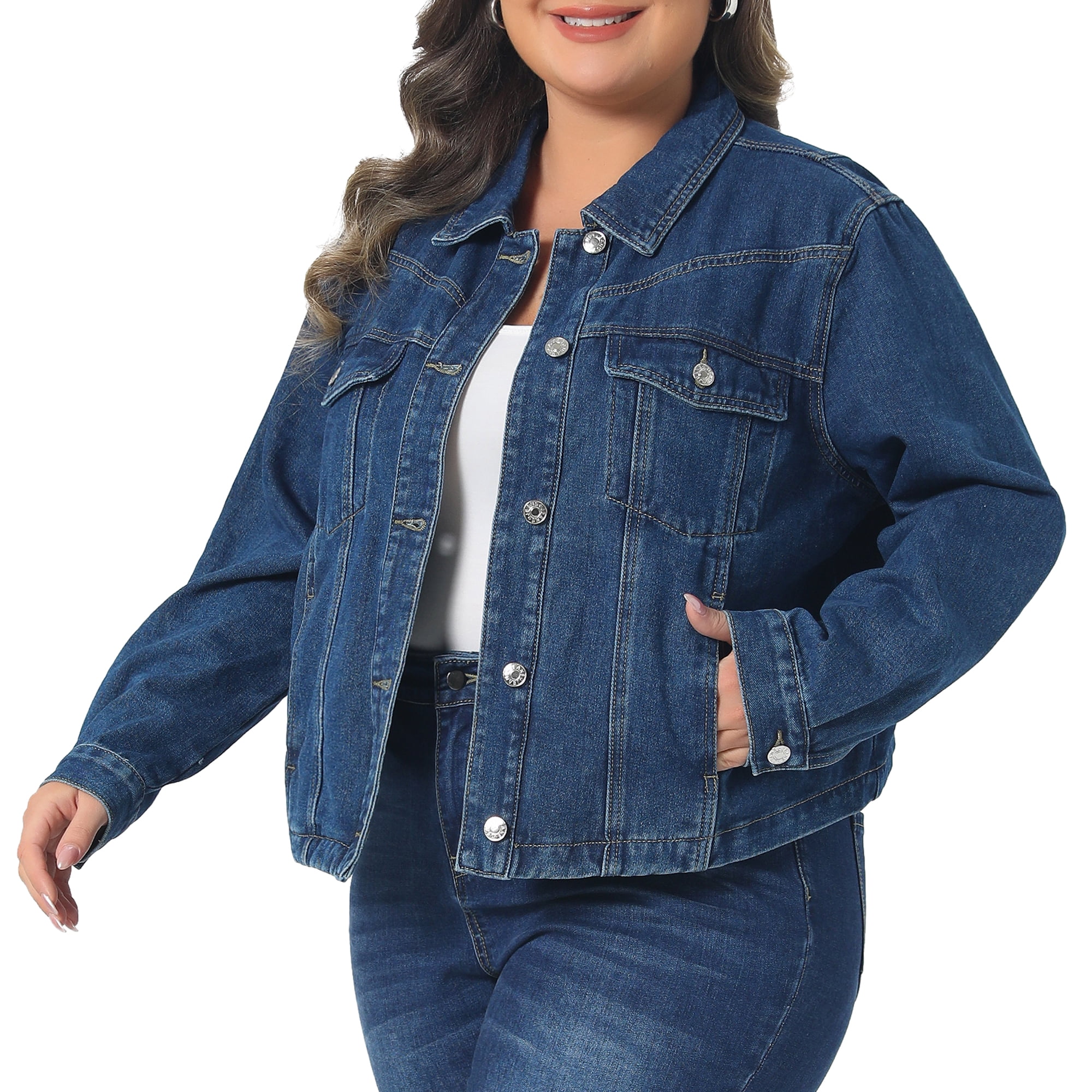 DARING DIVA Women's Plus Button Closed Long Sleeves Stitching Jean Jackets 1X Blue