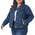 thumbnail image 1 of DARING DIVA Women's Plus Button Closed Long Sleeves Stitching Jean Jackets 1X Blue, 1 of 6