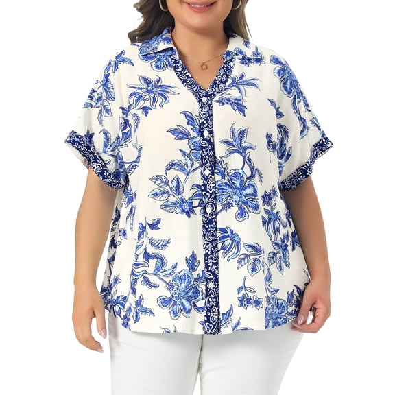 DARING DIVA Women's Plus Button Collared V Neck Short Sleeve Floral Tops 1X Blue