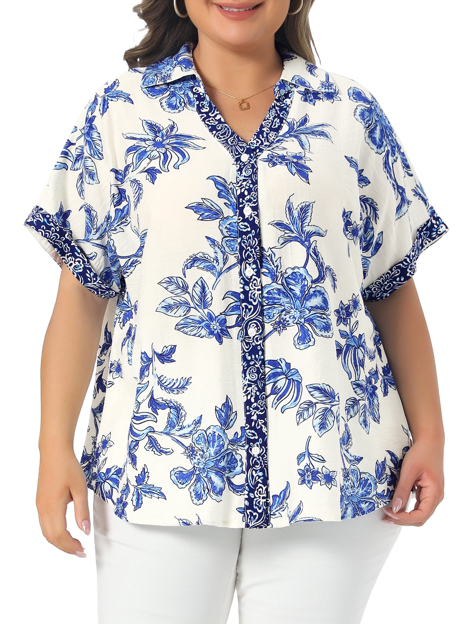 DARING DIVA Women's Plus Button Collared V Neck Short Sleeve Floral Tops 4X Blue