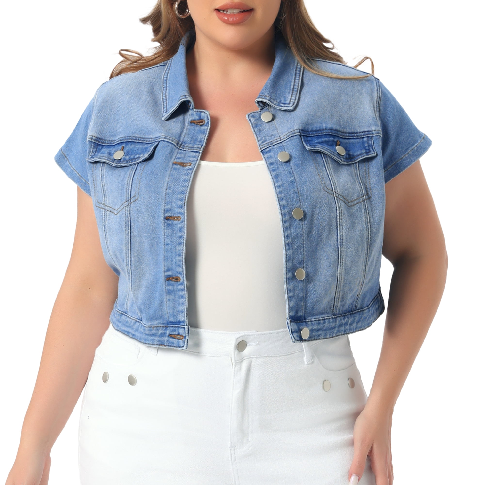 DARING DIVA Women's Plus Button Down Cap Sleeve Cropped Jacket 1X Light Blue
